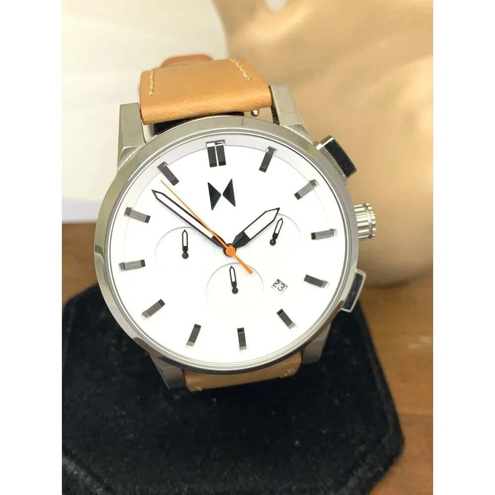 MVMT Men's Watch Quartz Chronograph White Dial Brown Leather Band 44mm